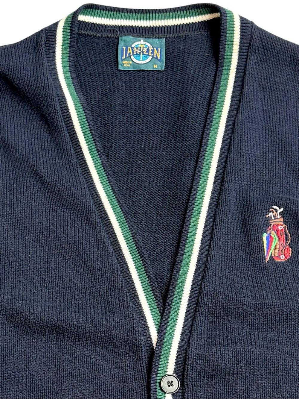 Jantzen USA Cardigan Sweater Striped Sleeve Navy Vintage Golf Knit Mens M